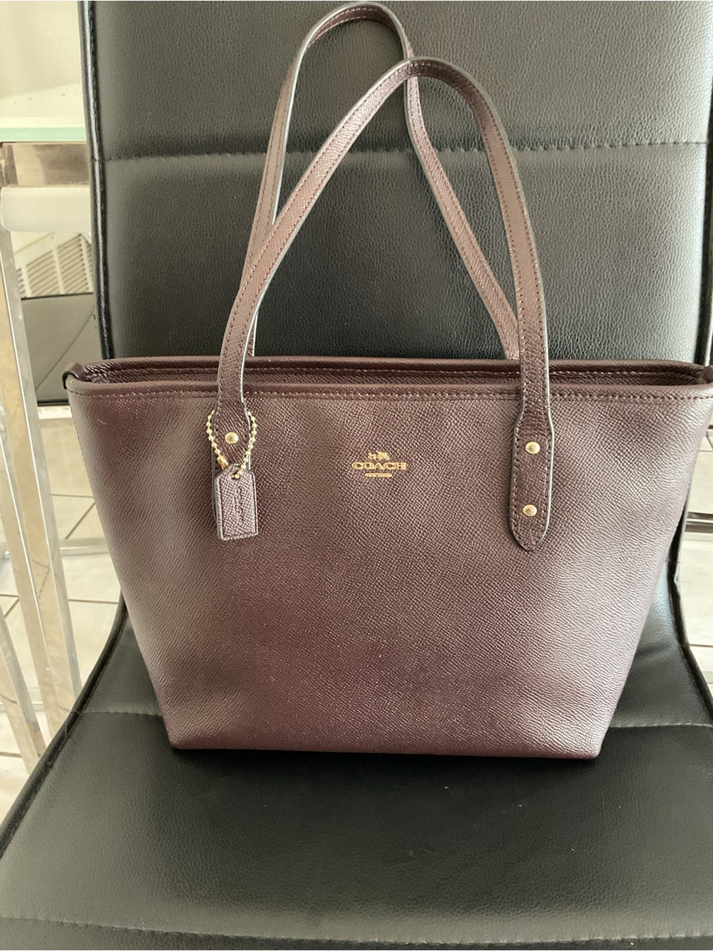 Coach Burgundy Saffiano Leather Tote with Gold Hardware